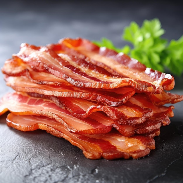 Photo crispy juicy slices of bacon close up generative ai