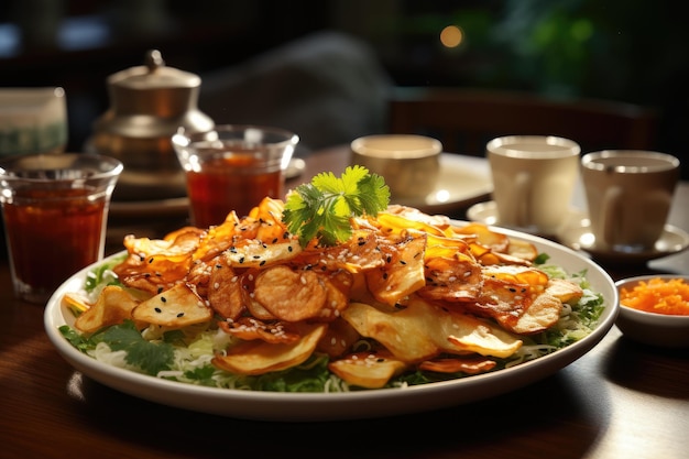 Хрустящий картофель лотоса на азиатском блюде, порождающем ИА