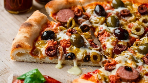 Crispy mixed pizza with olives and sausage