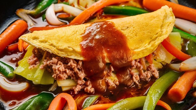 Crispy omelet topped with minced pork and mixed vegetables sauce