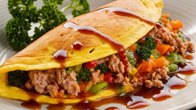 Crispy omelet topped with minced pork and mixed vegetables sauce