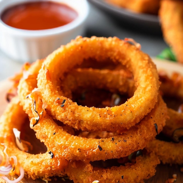 Photo crispy onion rings with sauce and herbs