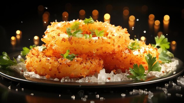 Photo crispy onion rings with sweet sauce on wooden table with black and blur background