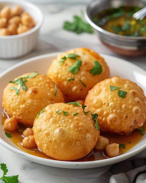 Crispy pani puri a classic Indian street snack garnished with cilantro in a wooden bowl on white