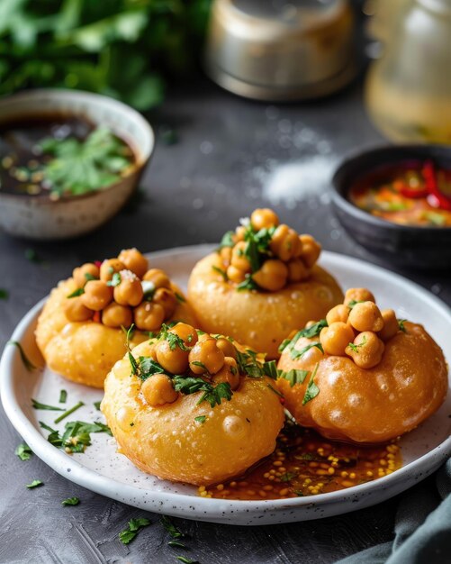 Crispy pani puri a classic Indian street snack garnished with cilantro in a wooden bowl on white