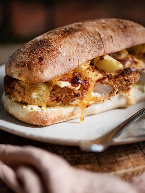 Хрустящий сэндвич с курицей панко с сырным соусом на тарелке