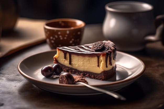 Crispy pastry cheesecake with chocolate dessert background generative ai