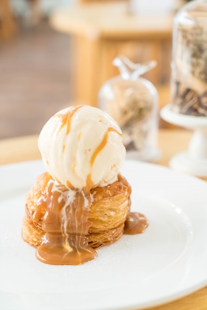 crispy pie with vanilla ice-cream and caramel sauce