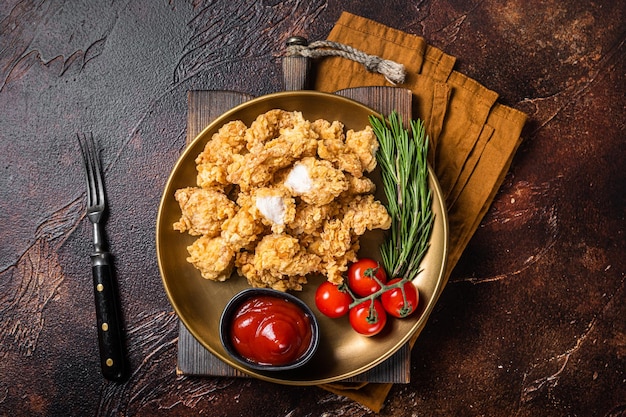 Crispy popcorn chicken with barbecue sauce in a plate dark\
background top view