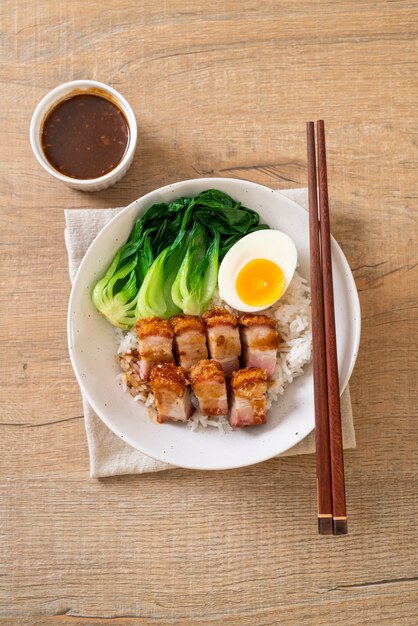 crispy pork belly on topped rice