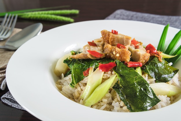 Crispy Pork with Kale food that people Thailand likes to eat.