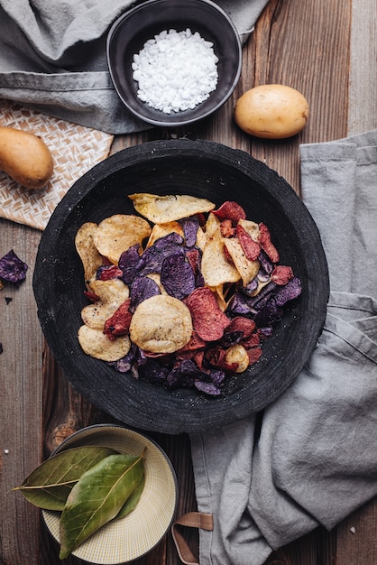 Crispy potato chips in various colors