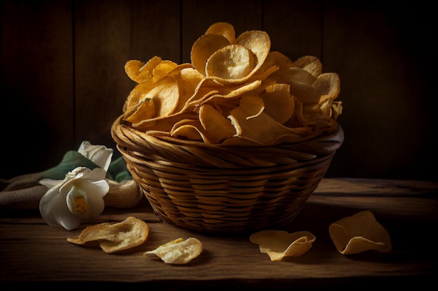 Crispy Potato Chips in a wicker Bowl