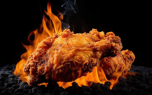 Crispy roasted chicken nuggets frying on flame isolated on black background