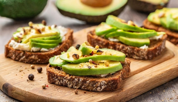 Crispy rye toasts with avocado on wooden board Tasty and healthy breakfast