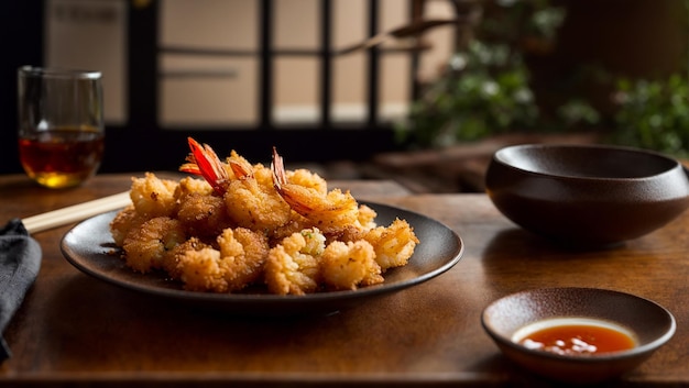 Crispy shrimp tempura on old background