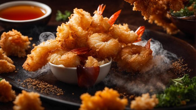 Crispy shrimp tempura on old background