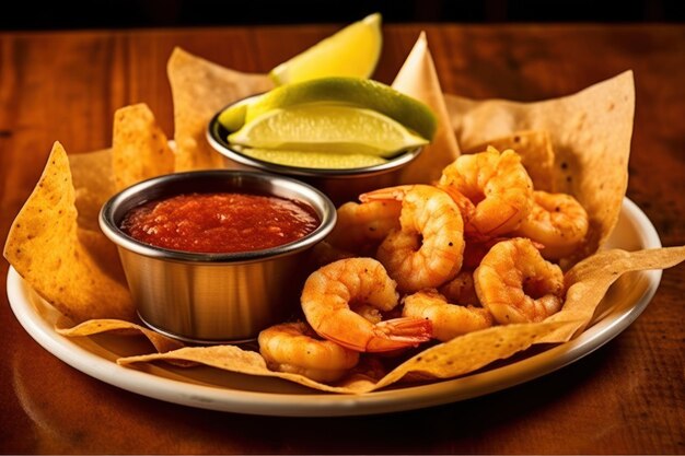 Crispy shrimp with tortilla chips and salsa on a wooden table