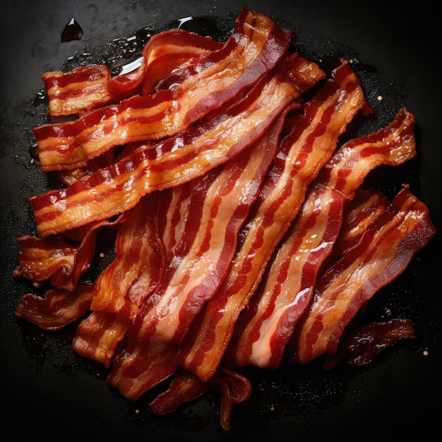 Crispy slices of baked bacon on a black plate dark background Generative AI