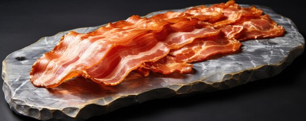 Crispy slices of baked bacon on a gray plate dark background Generative AI