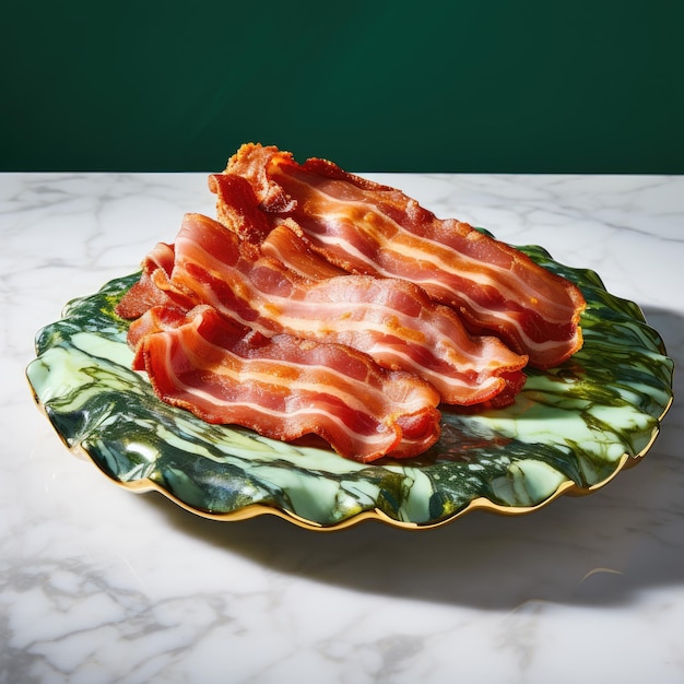 Crispy slices of baked bacon on a green marble board light background Generative AI