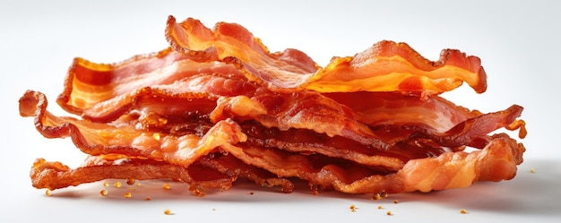 Crispy slices of baked bacon on a white background Generative AI