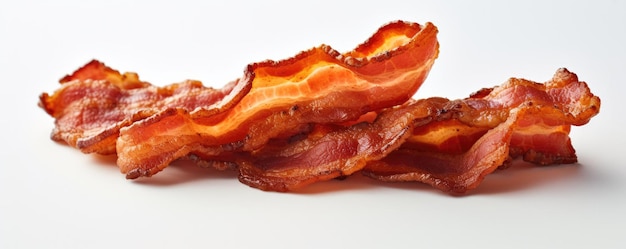 Crispy slices of baked bacon on a white background Generative AI