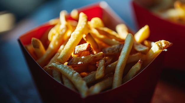 Crispy spuds in a crimson container