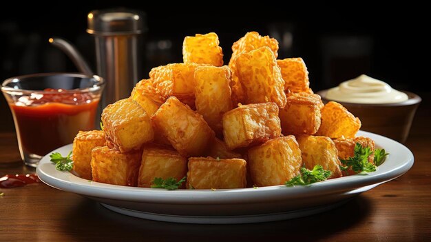 Foto crispy tater tots met hartige zoute specerijen met een zwarte en wazige achtergrond