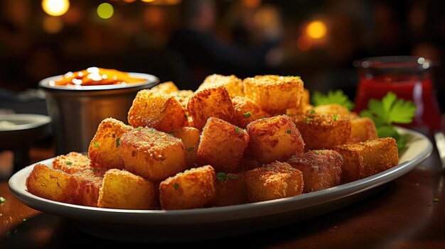 Photo crispy tater tots with savory salty spices with black and blur background