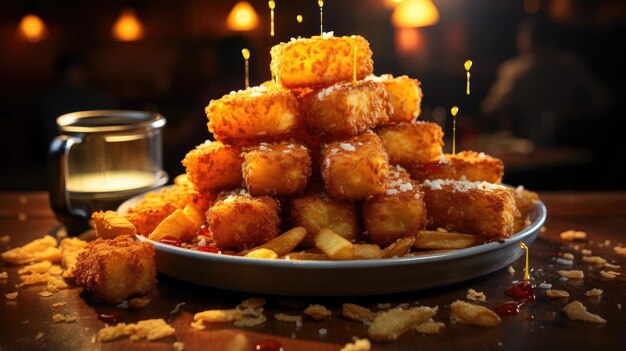 Crispy tater tots with savory salty spices with black and blur background