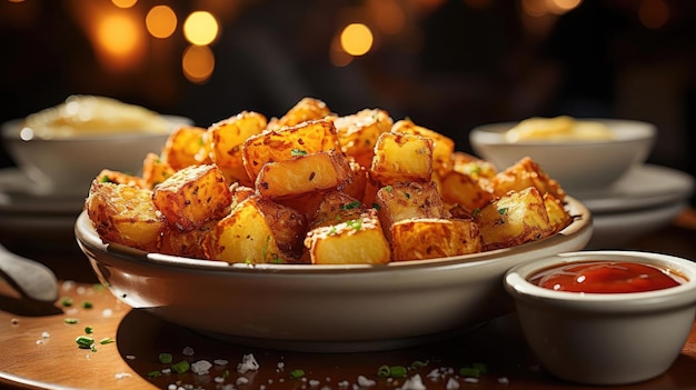 Photo crispy tater tots with savory salty spices with black and blur background