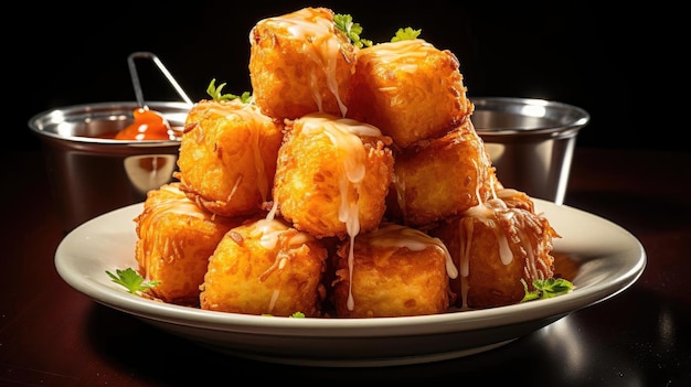 Crispy tater tots with savory salty spices on wooden table with black and blur background