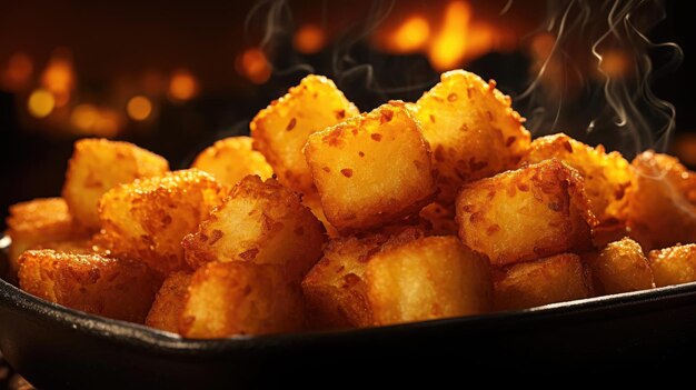 Photo crispy tater tots with savory salty spices on wooden table with black and blur background