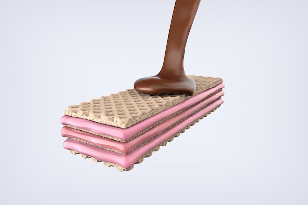 Crispy wafer peanut with strawberry milk cream and chocolate, 3D illustration.