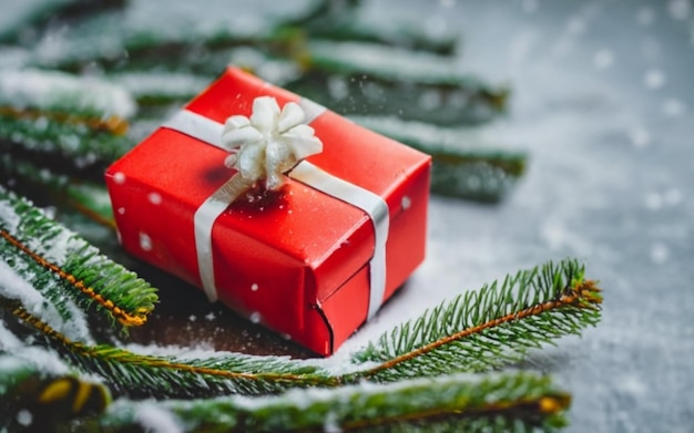 Фото Рождественская подарочная коробка с рождественской елкой с освещенным снежным фоном
