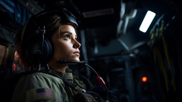 Foto attenzione critica da parte di un'infermiera militare su un aereo da trasporto in un ambiente ad alta pressione