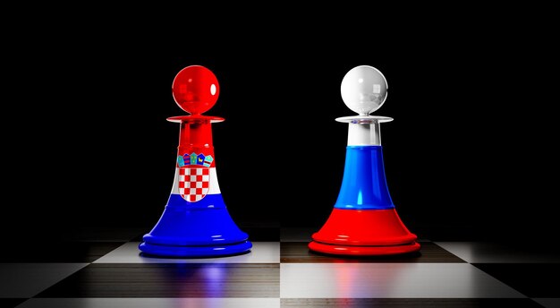 Foto croazia e russia relazioni pedine degli scacchi con bandiere nazionali illustrazione 3d