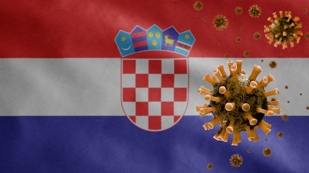 クロアチアの手を振る旗とコロナウイルス顕微鏡ウイルス