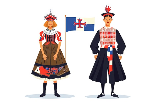 Фото Хорваты в национальной одежде с флагом мужчина и женщина в традиционном костюме путешествие в хорватию люди векторная плоская иллюстрация