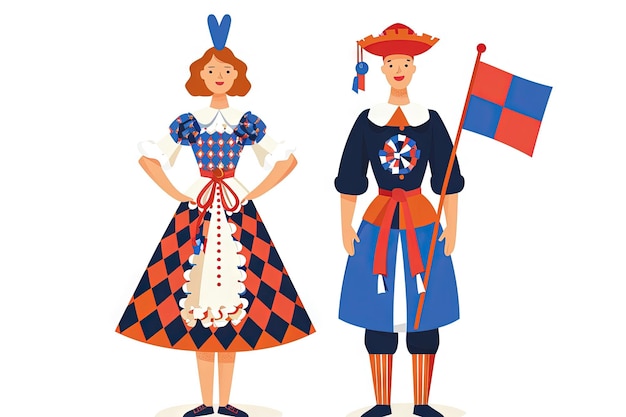 Croatians in national dress with a flag Man and woman in traditional costume Travel to Croatia People Vector flat illustration