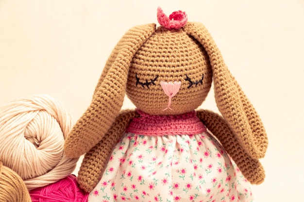 Photo crochet bunny beige and pink crochet rabbit