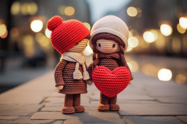 crochet couple holding heart city lights backdrop Valentine's theme