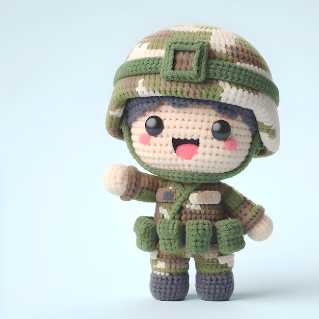 Photo a crochet doll army cute excited funny smiling wearing uniform and equipment is standing 3d render