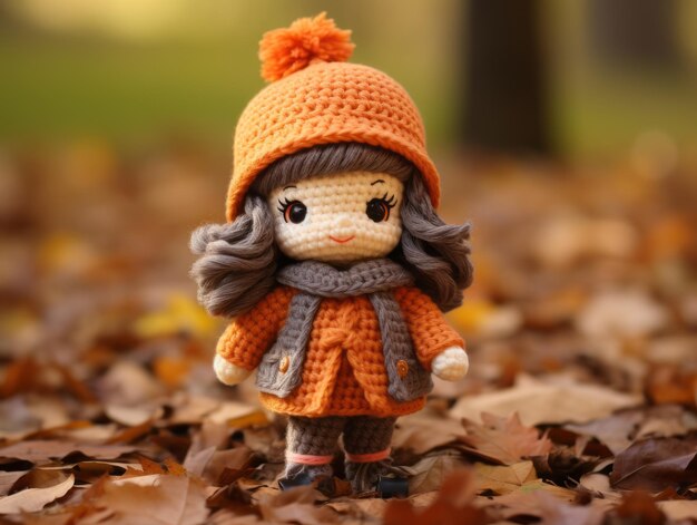 Photo a crochet doll wearing an orange coat and hat