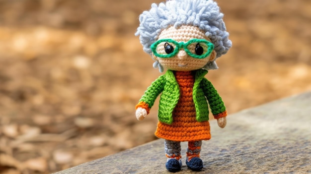 A crochet doll with a green jacket and glasses.