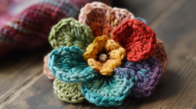 A crochet flower made by the artist