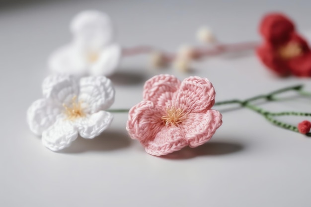 Crochet flowers on a table