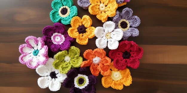 Crochet flowers on a table