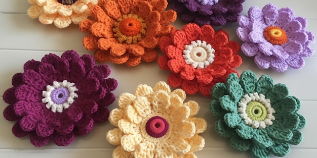 Crochet flowers on a table